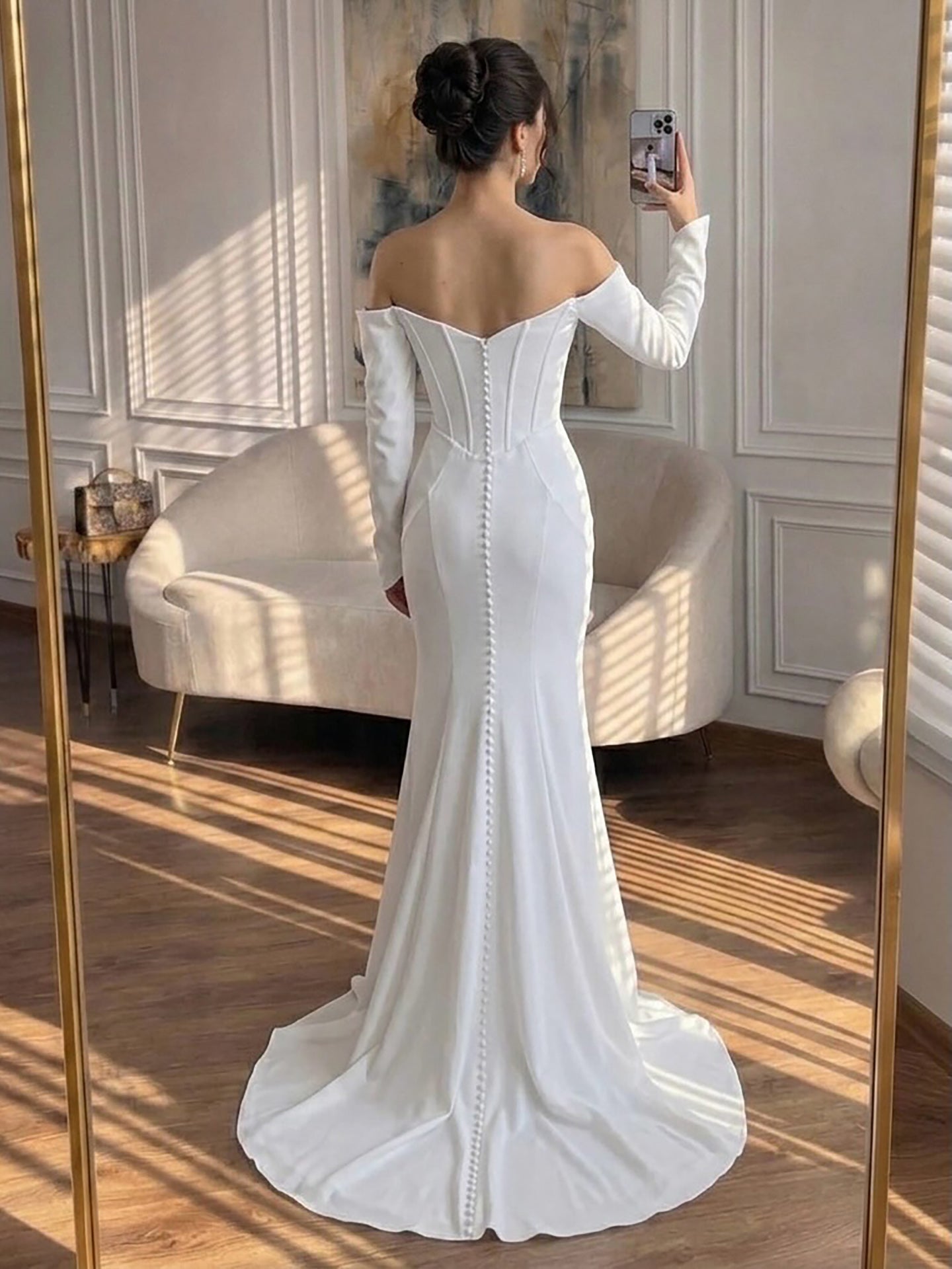 Luxury White Off Shoulder Sweetheart Long Sleeve Mermaid Dress LA73768