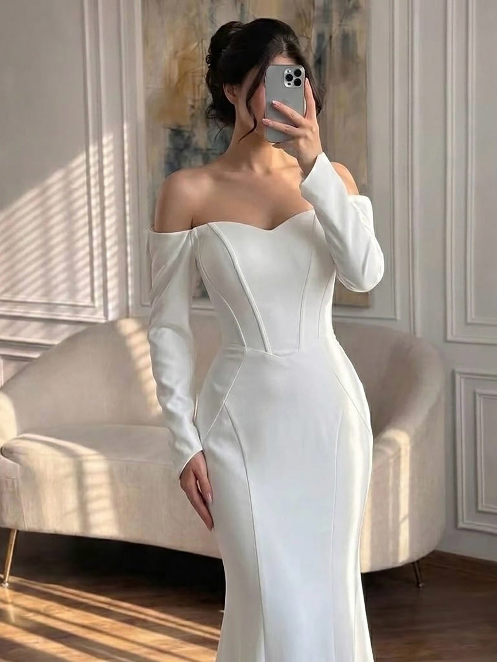 Luxury White Off Shoulder Sweetheart Long Sleeve Mermaid Dress LA73768