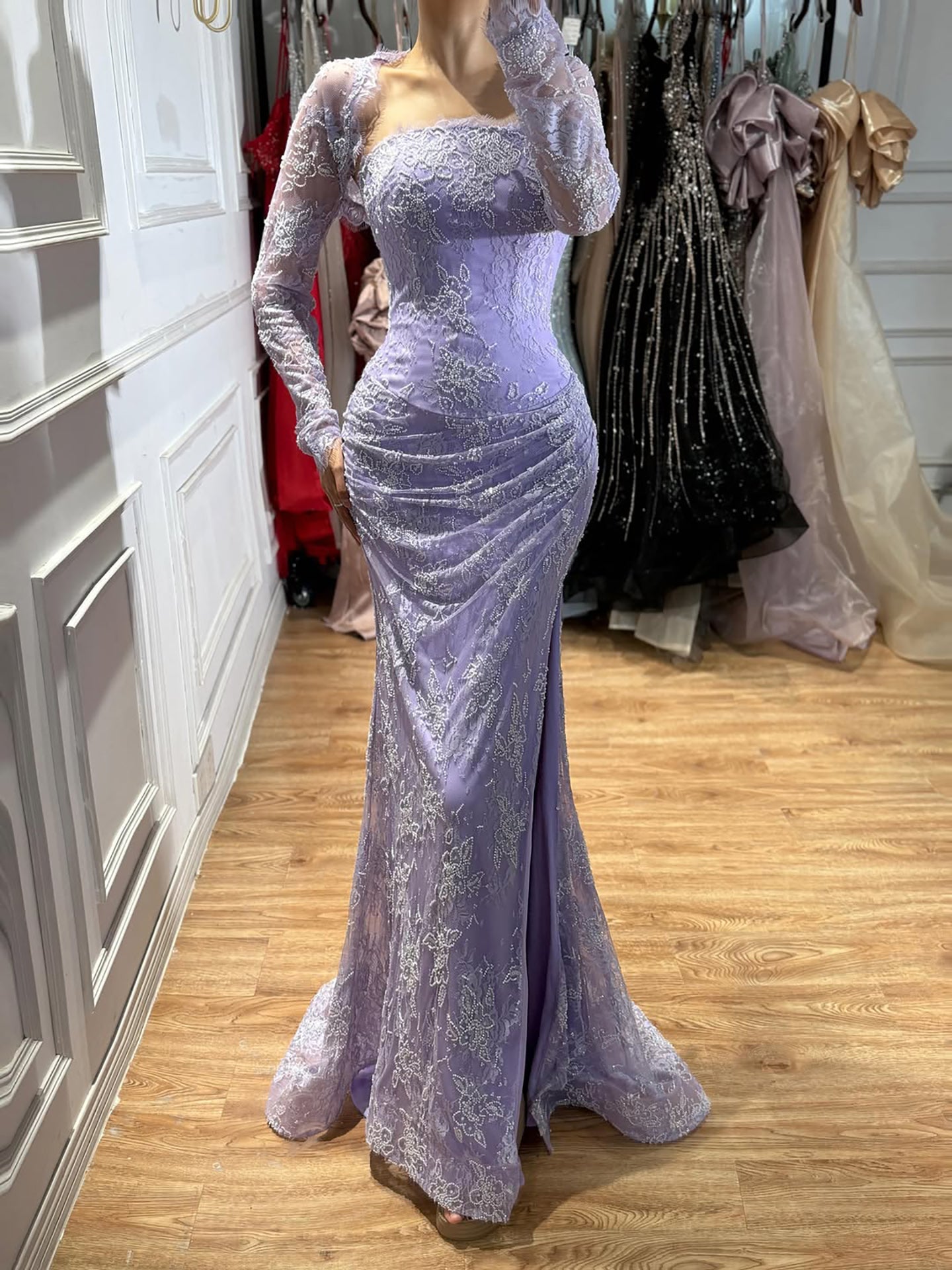 Luxury Blue Lace Beaded Mermaid Gown CLA73769