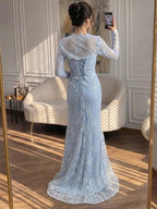 Luxury Blue Lace Beaded Mermaid Gown LA73769