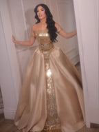 Luxury Gold Strapless Ball Gown Dress With Beaded Gloves LA73770