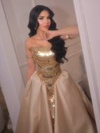 Luxury Gold Strapless Ball Gown Dress With Beaded Gloves LA73770