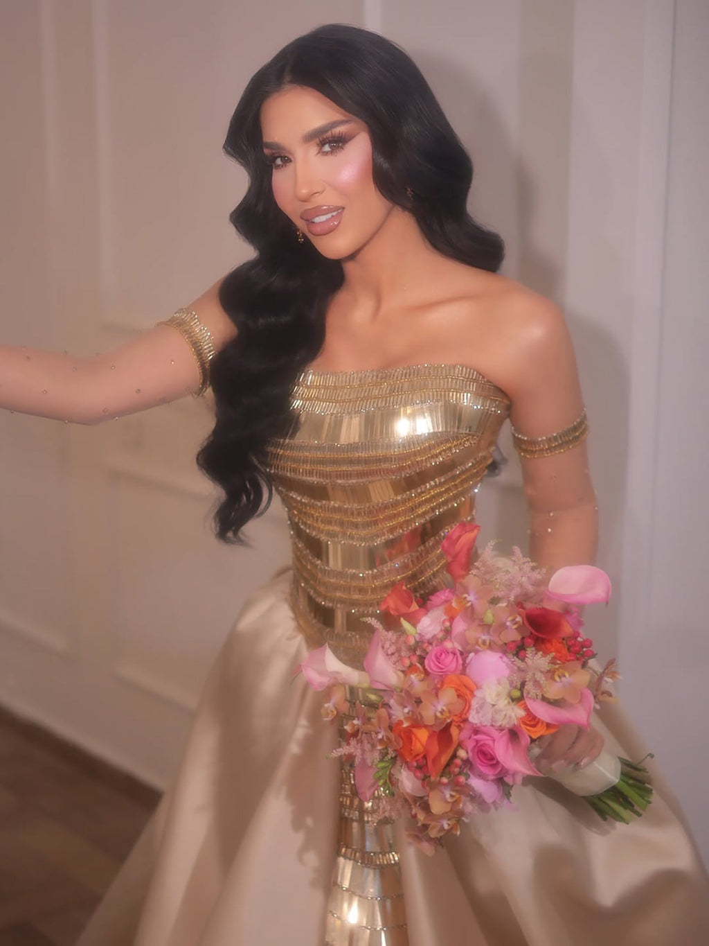 Luxury Gold Strapless Ball Gown Dress With Beaded Gloves LA73770