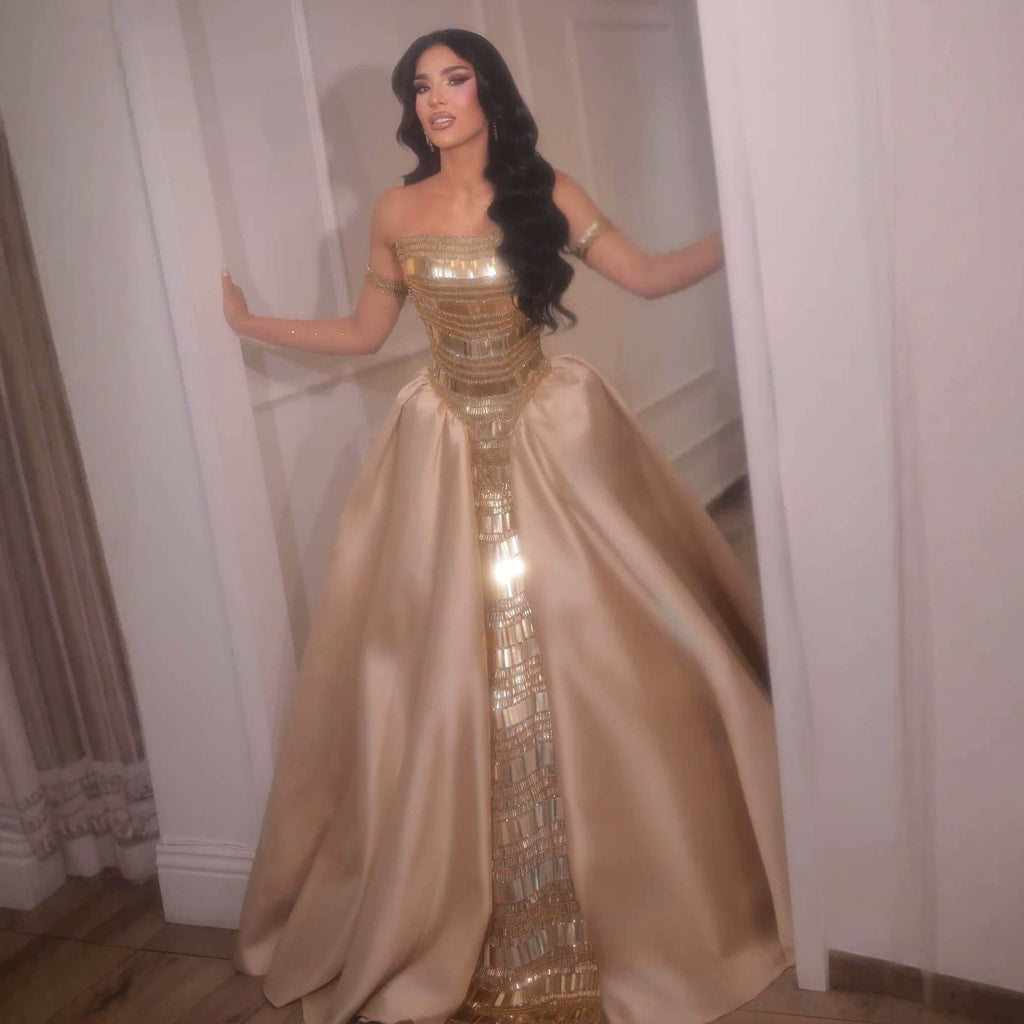 Luxury Gold Strapless Ball Gown Dress With Beaded Gloves LA73770