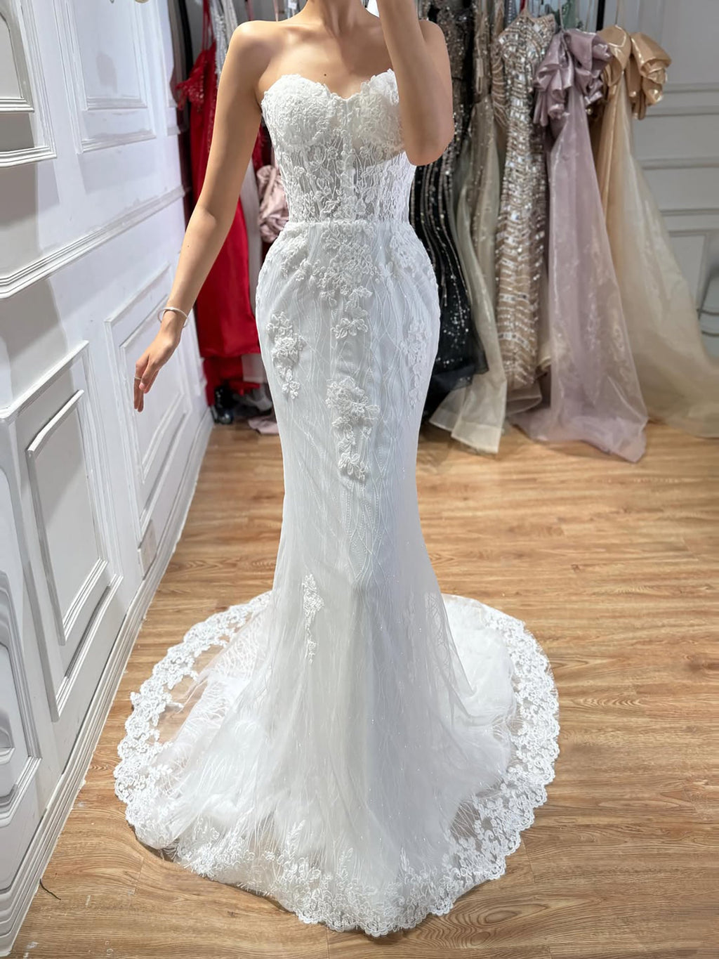 Luxury White Strapless See Through Lace Corset Mermaid Dress LA73771