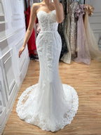 Luxury White Strapless See Through Lace Corset Mermaid Dress LA73771