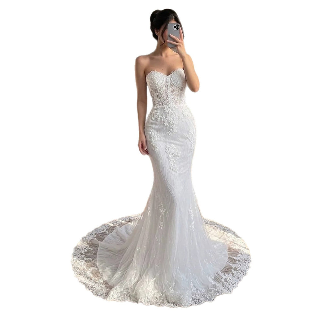 Luxury White Strapless See Through Lace Corset Mermaid Dress LA73771