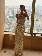 Luxury Gold Scallop Strapless Evening Dress Back Split LA73772