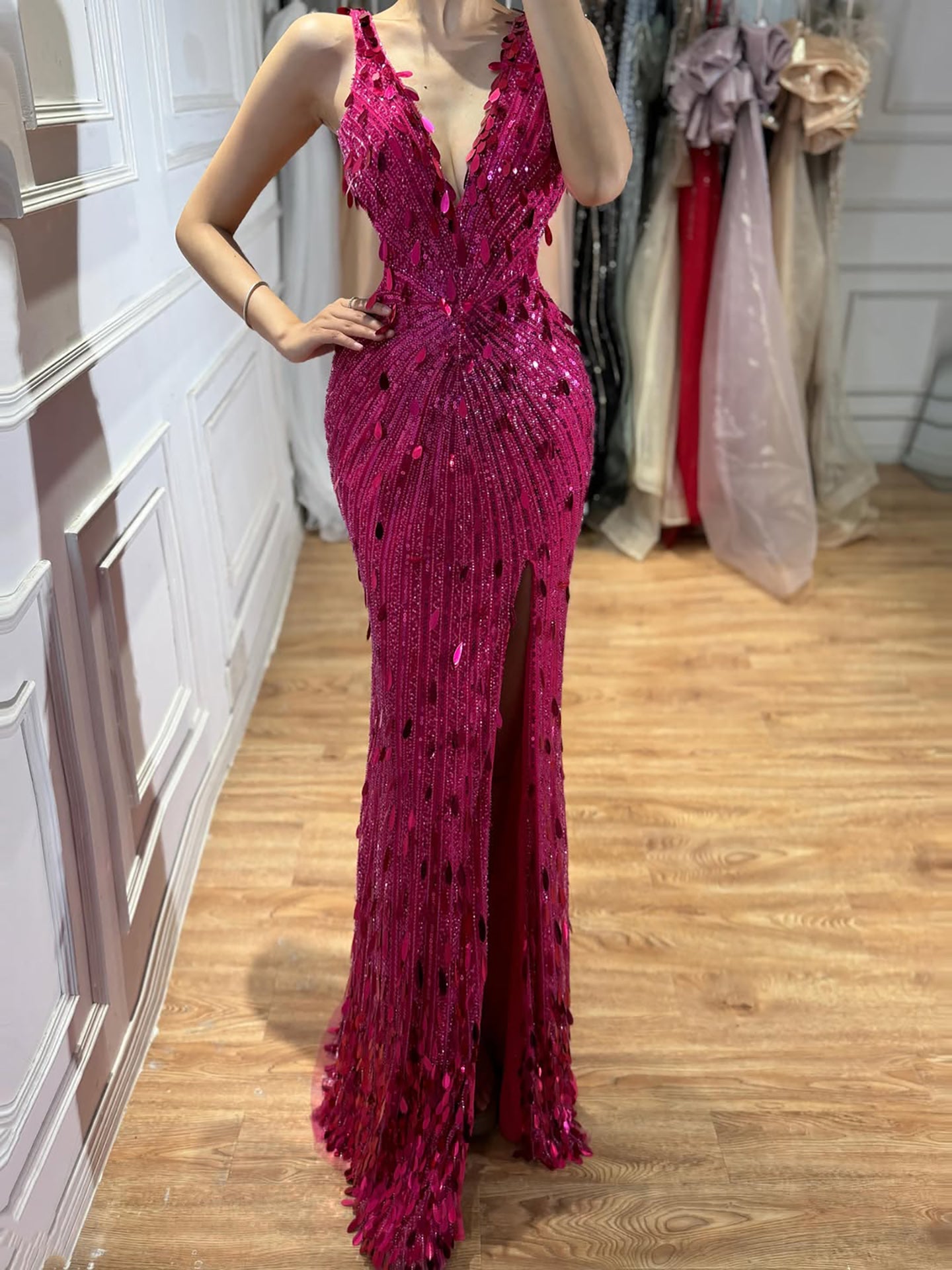 Luxury Blue V Neck Cutout Beaded Mermaid Evening Dress CLA73773