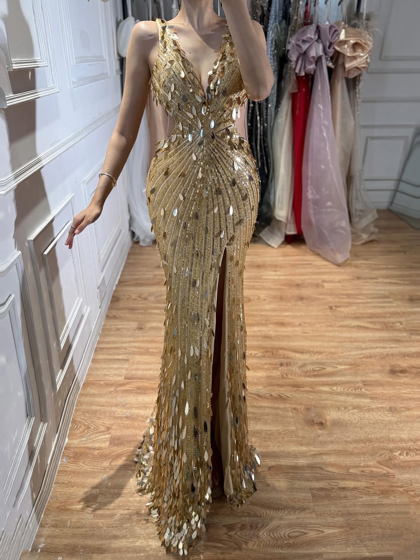 Luxury Blue V Neck Cutout Beaded Mermaid Evening Dress CLA73773