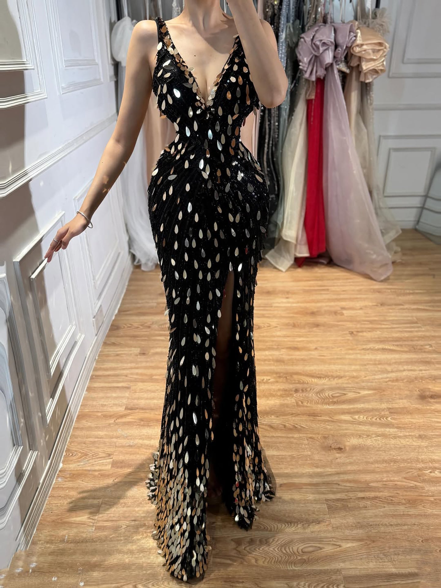 Luxury Blue V Neck Cutout Beaded Mermaid Evening Dress CLA73773