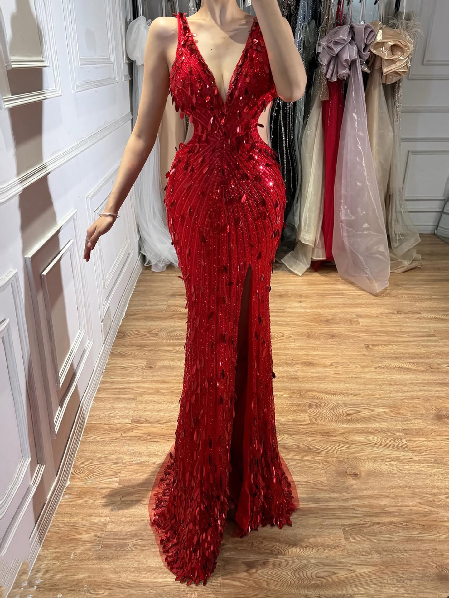 Luxury Blue V Neck Cutout Beaded Mermaid Evening Dress CLA73773