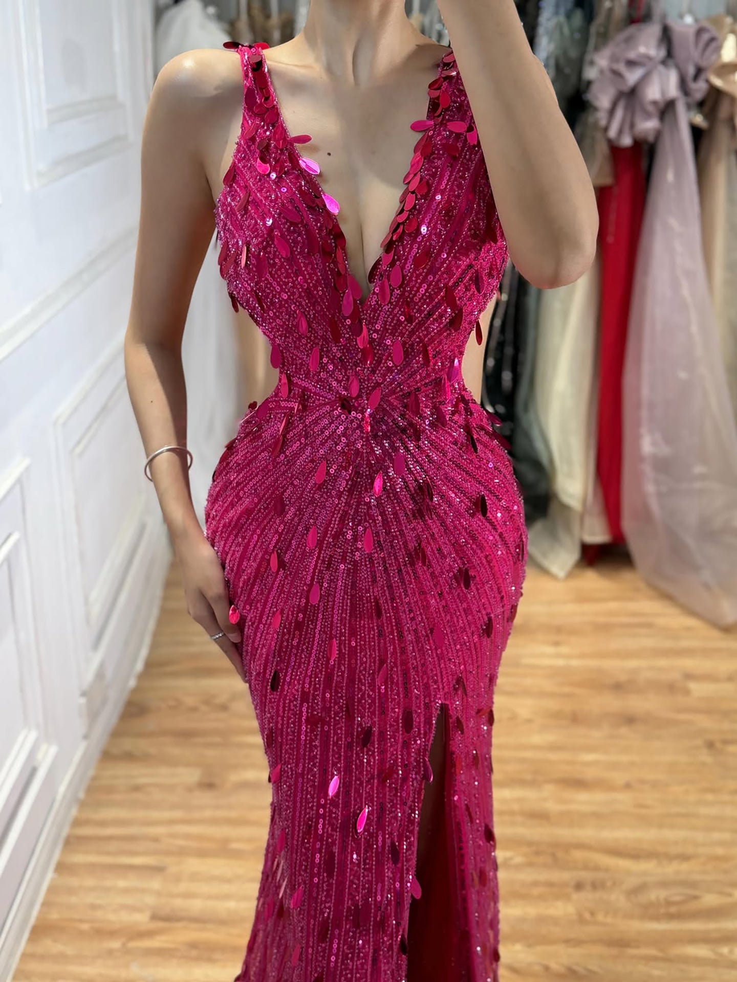 Luxury Blue V Neck Cutout Beaded Mermaid Evening Dress LA73773