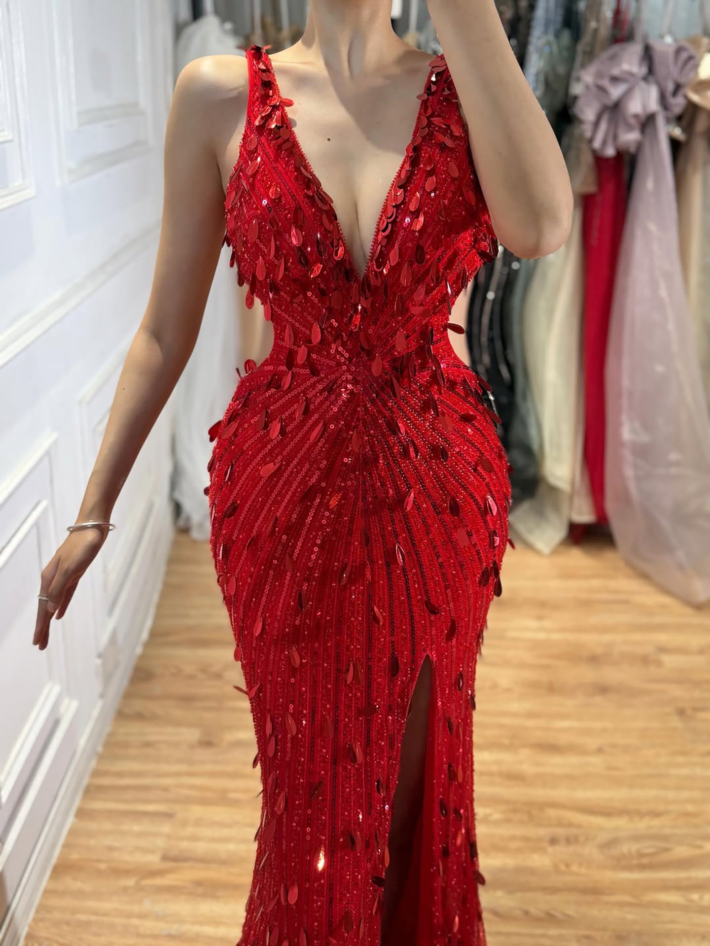 Luxury Blue V Neck Cutout Beaded Mermaid Evening Dress LA73773