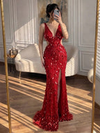 Luxury Blue V Neck Cutout Beaded Mermaid Evening Dress LA73773
