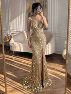 Luxury Blue V Neck Cutout Beaded Mermaid Evening Dress LA73773