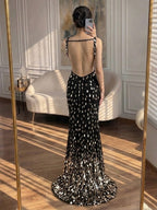 Luxury Blue V Neck Cutout Beaded Mermaid Evening Dress LA73773