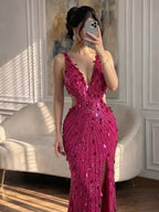 Luxury Blue V Neck Cutout Beaded Mermaid Evening Dress LA73773
