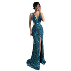 Luxury Blue V Neck Cutout Beaded Mermaid Evening Dress LA73773