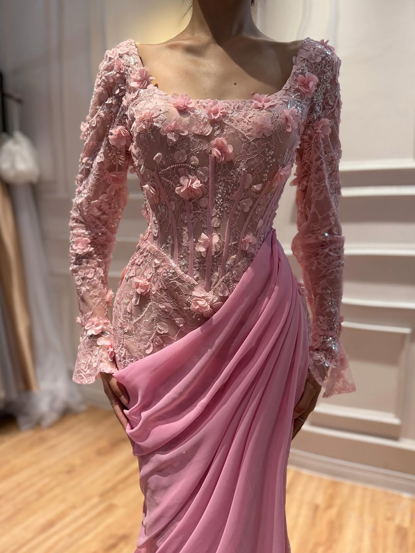 Luxury Pink 3D Floral Beaded Mermaid Gown LA73774
