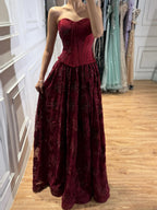 Luxury Wine Red Strapless Beaded Corset A-Line Evening Dress LA73775