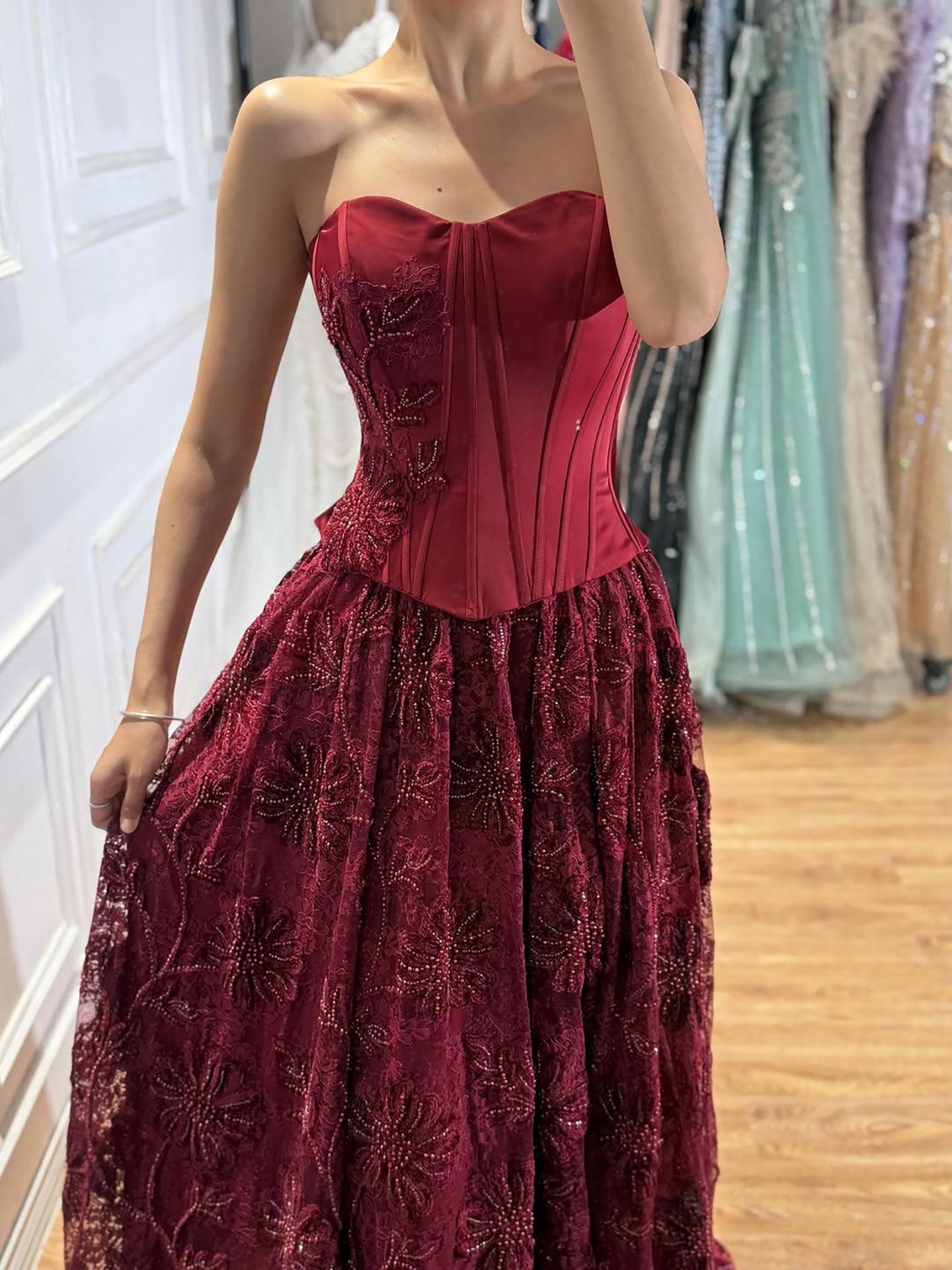 Luxury Wine Red Strapless Beaded Corset A-Line Evening Dress LA73775