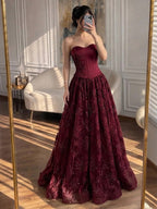 Luxury Wine Red Strapless Beaded Corset A-Line Evening Dress LA73775