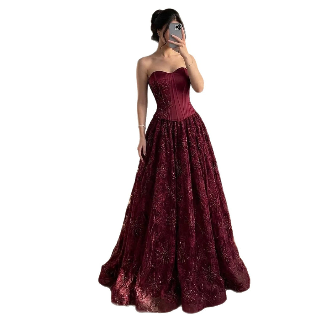 Luxury Wine Red Strapless Beaded Corset A-Line Evening Dress LA73775