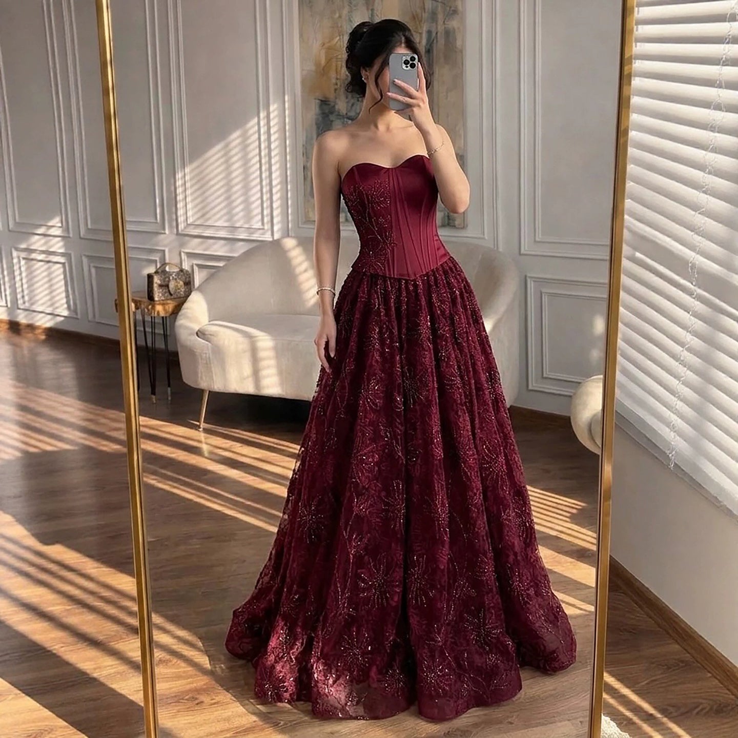 Luxury Wine Red Strapless Beaded Corset A-Line Evening Dress LA73775