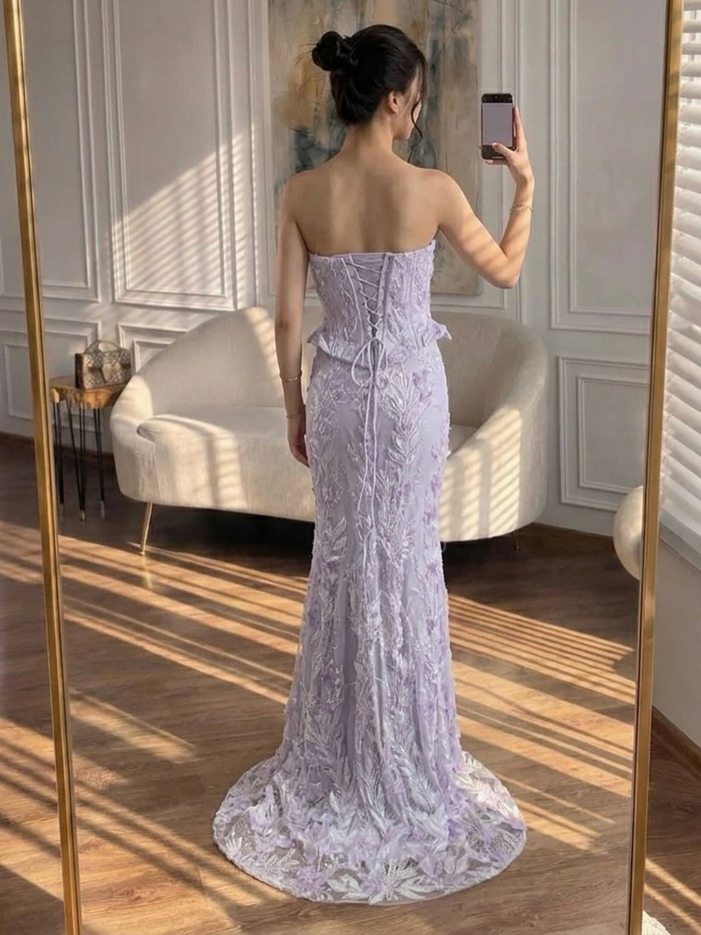 Luxury Lilac Strapless Beaded Peplum Mermaid Evening Dress LA73776