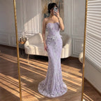 Luxury Lilac Strapless Beaded Peplum Mermaid Evening Dress LA73776