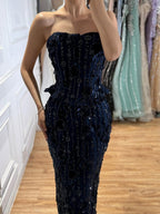Luxury Navy Blue 3D Floral Beaded Mermaid Gown LA73777