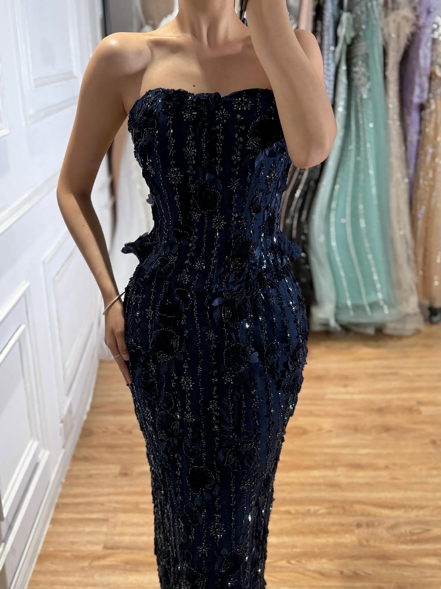 Luxury Navy Blue 3D Floral Beaded Mermaid Gown LA73777