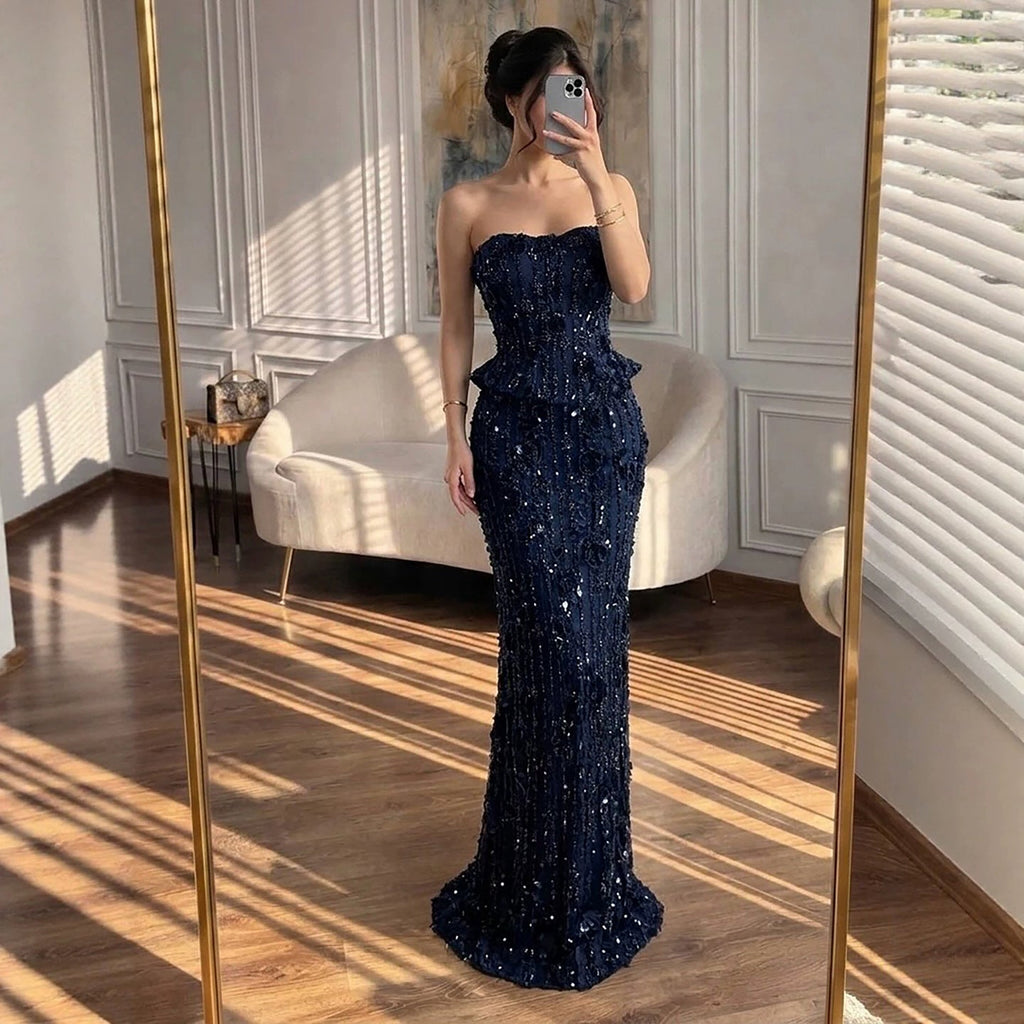 Luxury Navy Blue 3D Floral Beaded Mermaid Gown LA73777