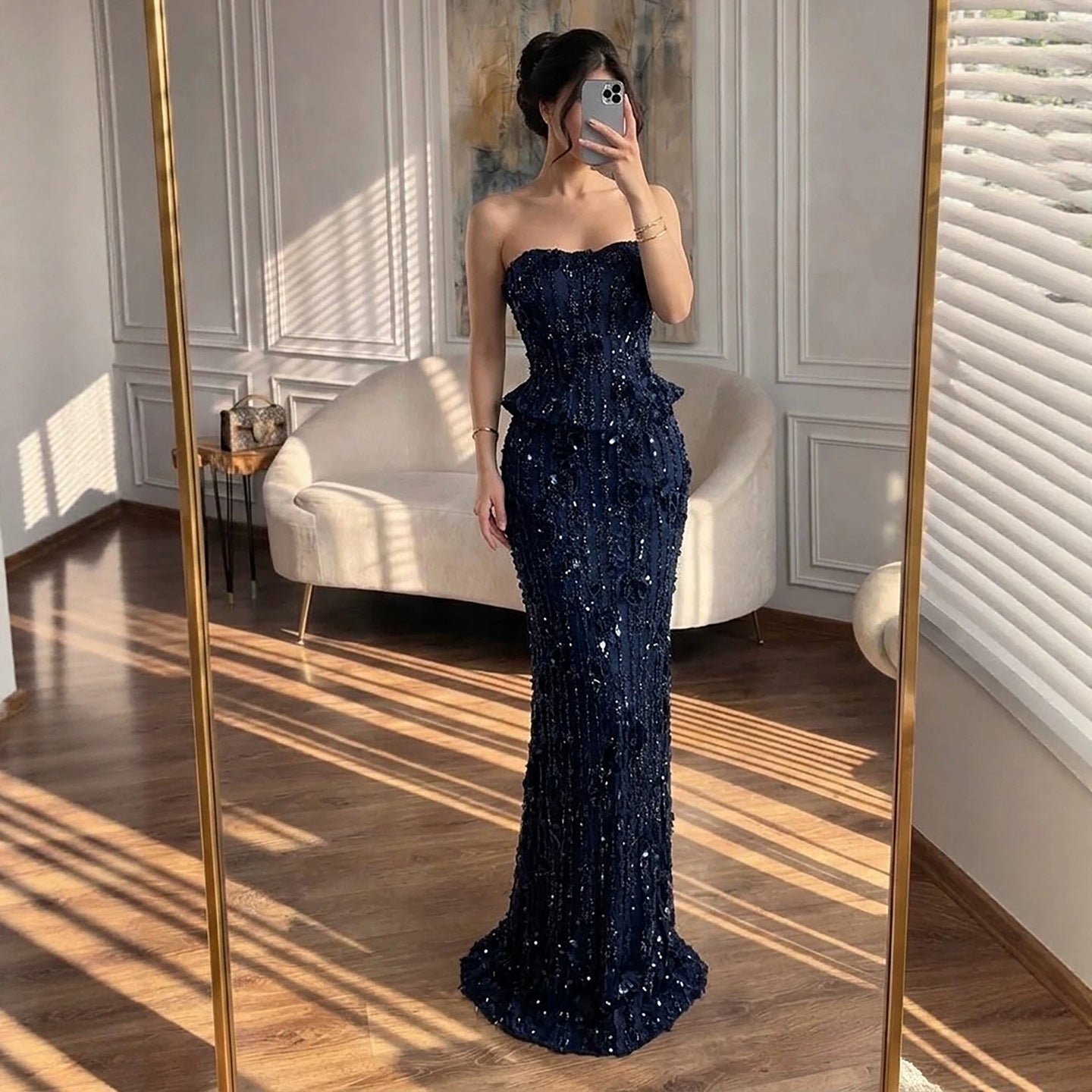 Luxury Navy Blue 3D Floral Beaded Mermaid Gown LA73777