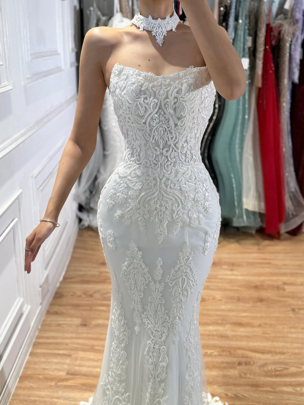 Luxury White Beaded Lace Strapless Mermaid Wedding Dress LA73778
