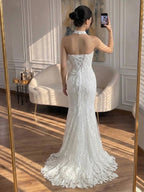 Luxury White Beaded Lace Strapless Mermaid Wedding Dress LA73778
