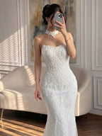 Luxury White Beaded Lace Strapless Mermaid Wedding Dress LA73778