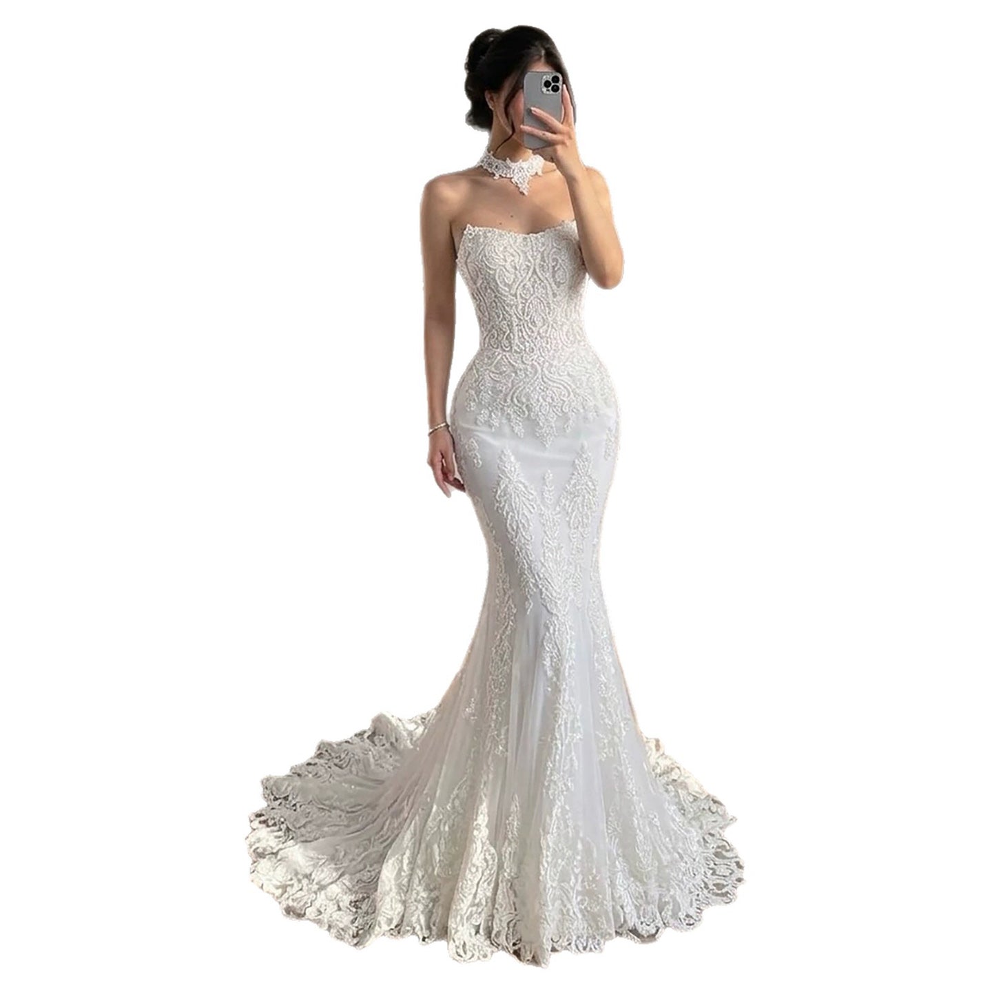 Luxury White Beaded Lace Strapless Mermaid Wedding Dress LA73778