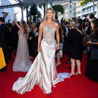 Luxury Champagne Strapless Crystal Satin Mermaid Evening Dress LA73782