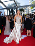 Luxury Champagne Strapless Crystal Satin Mermaid Evening Dress LA73782