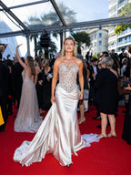 Luxury Champagne Strapless Crystal Satin Mermaid Evening Dress LA73782