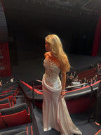 Luxury Champagne Strapless Crystal Satin Mermaid Evening Dress LA73782