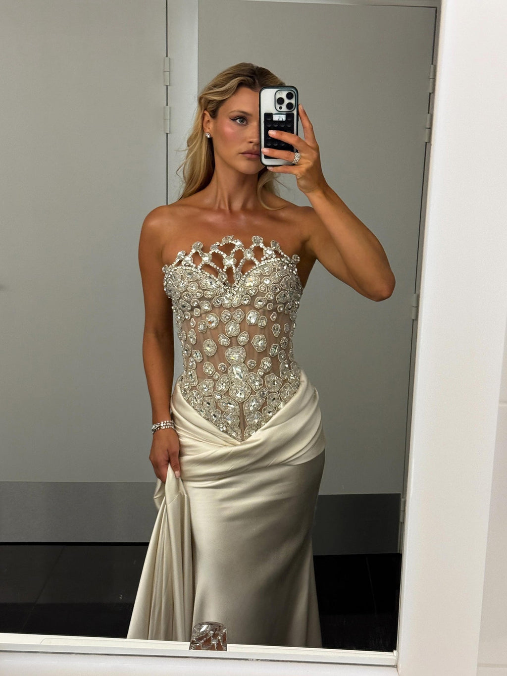 Luxury Champagne Strapless Crystal Satin Mermaid Evening Dress LA73782