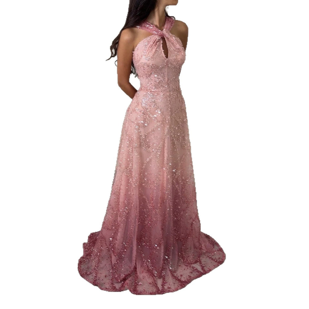 Luxury Pink Ombre Cross-Neck Beaded A-Line Gown LA73783