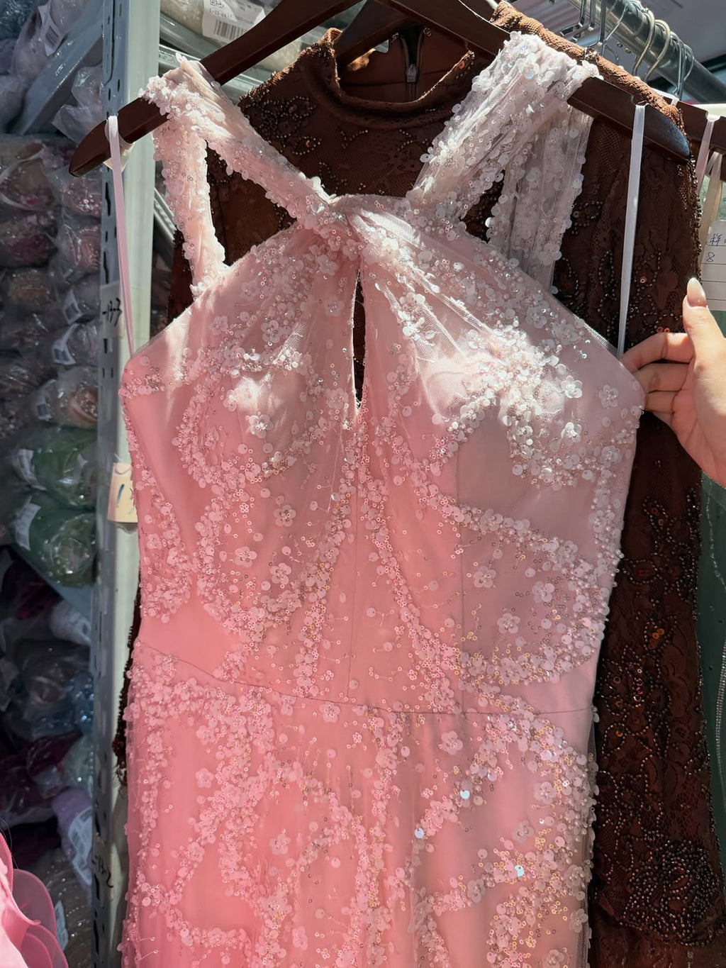 Luxury Pink Ombre Cross-Neck Beaded A-Line Gown CLA73783