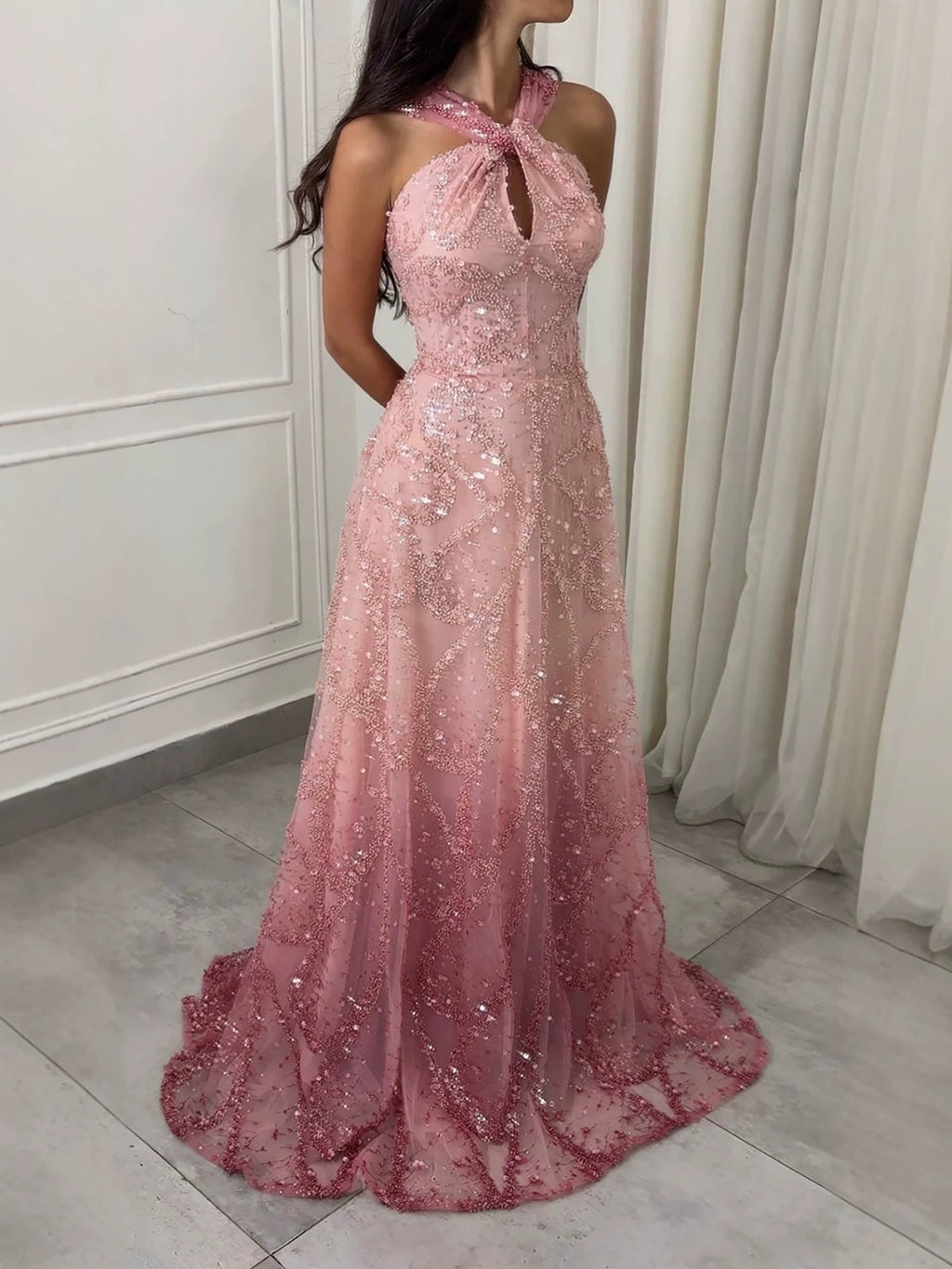 Luxury Pink Ombre Cross-Neck Beaded A-Line Gown LA73783