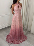 Luxury Pink Ombre Cross-Neck Beaded A-Line Gown LA73783