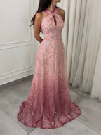 Luxury Pink Ombre Cross-Neck Beaded A-Line Gown LA73783