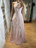 Luxury Pink Ombre Cross-Neck Beaded A-Line Gown CLA73783